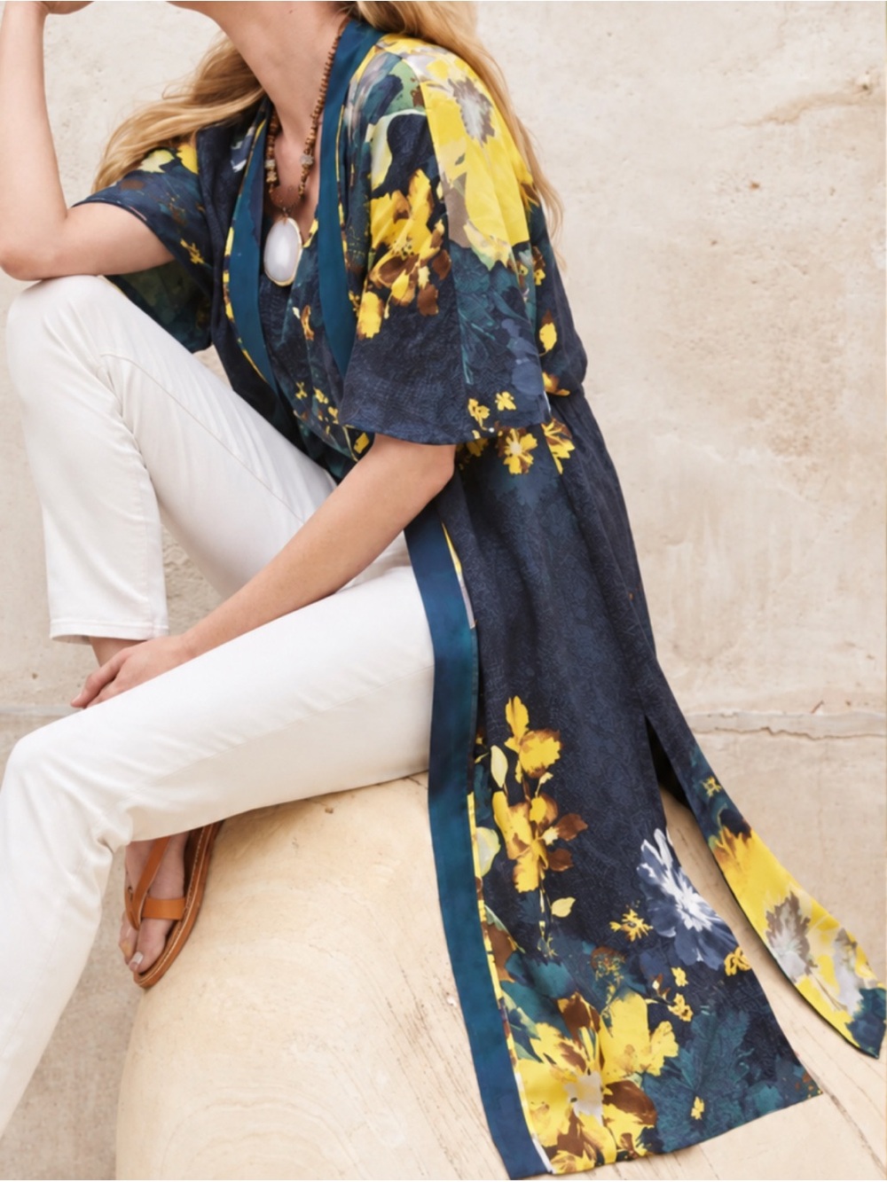 Chico’s Duster Floral Kimono Cardigan S/M Reversible Artsy Lagenlook Open Front